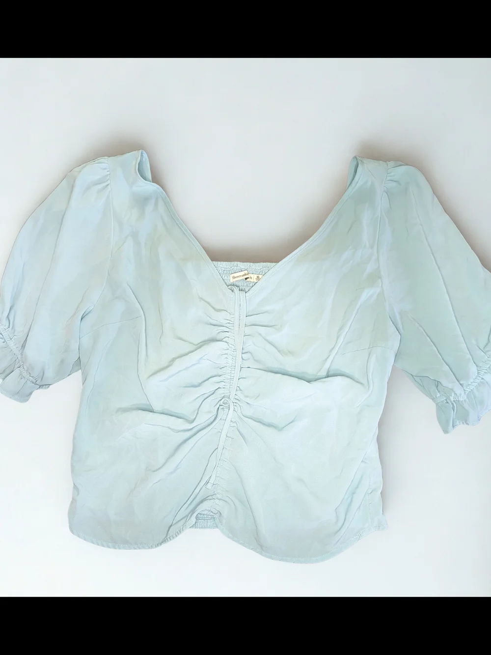 Abercrombie & Fitch Pale Blue Ruched V-Neck Puff Sleeve Top